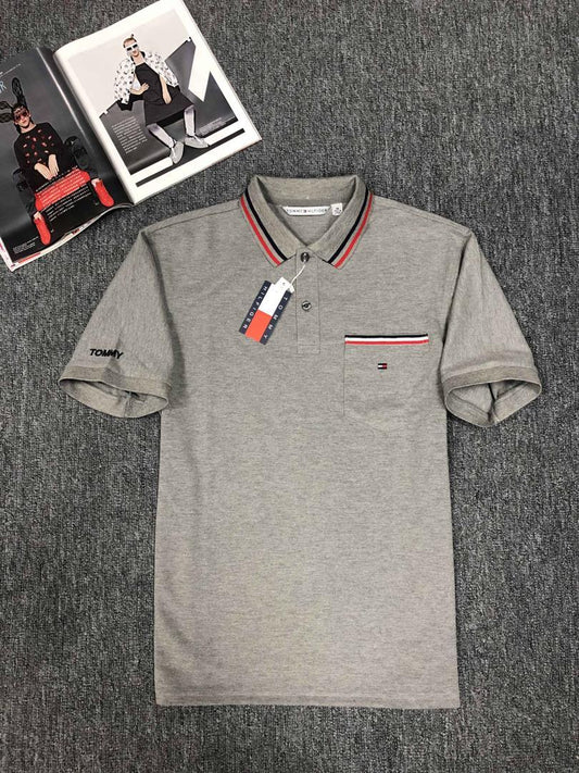 Tommy Hilfiger Custom Fit Crested Design Plain Grey with Striped Collar - Obeezi