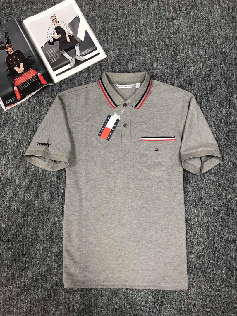 Tommy Hilfiger Custom Fit Crested Design Plain Grey with Striped Collar - Obeezi