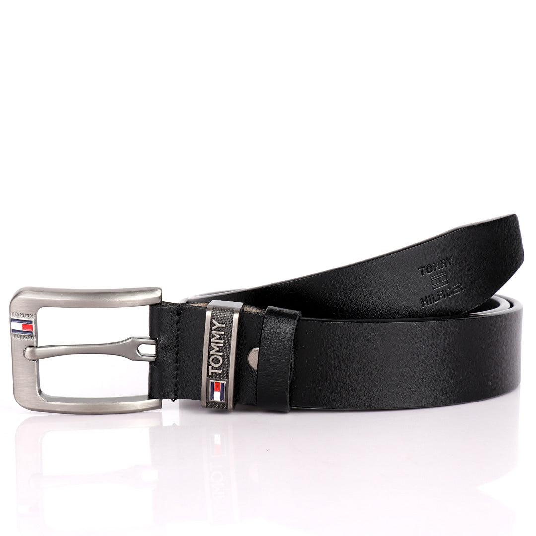 Tommy Hilfiger Denton Flag Logo Leather Black Belt - Obeezi.com