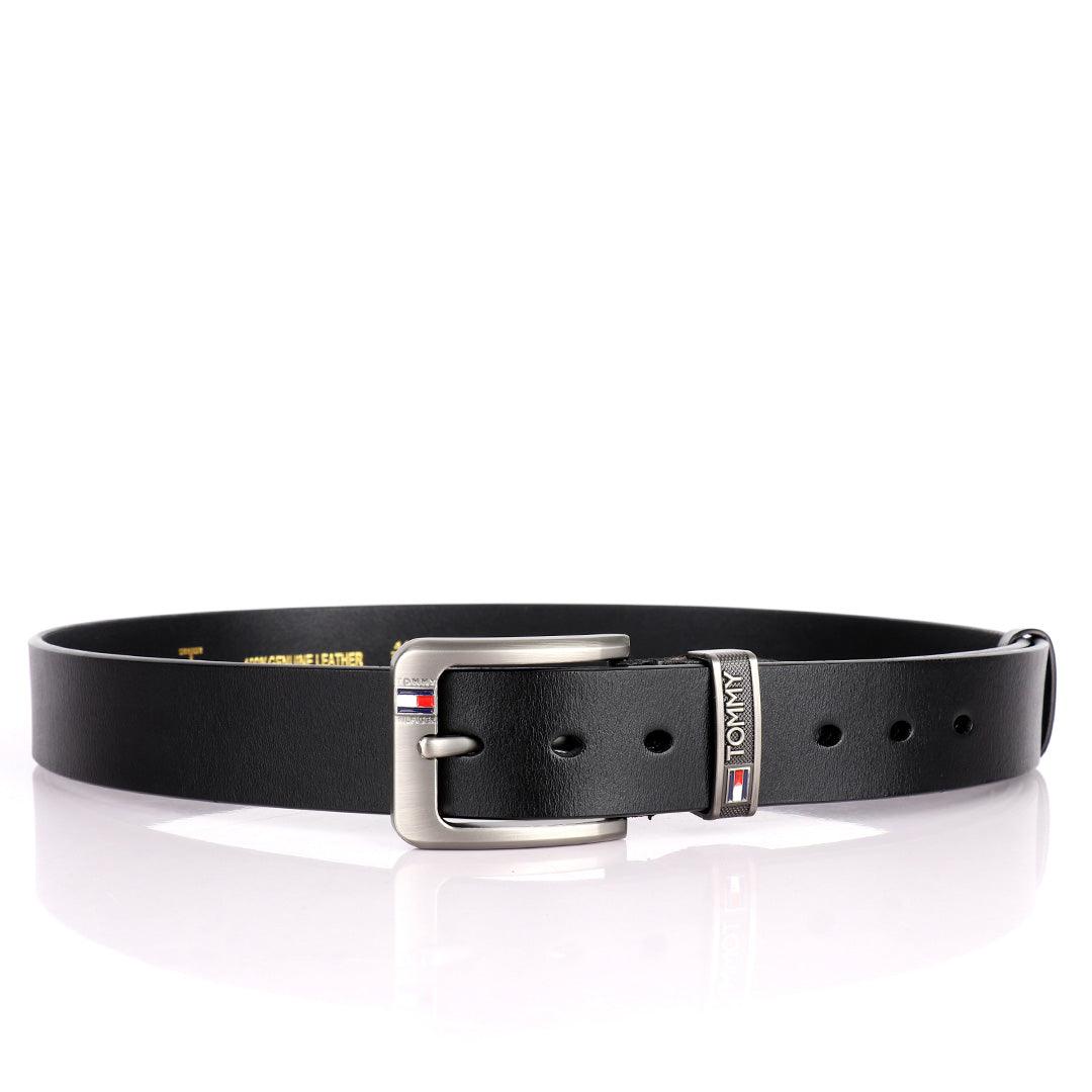 Tommy Hilfiger Denton Flag Logo Leather Black Belt - Obeezi.com