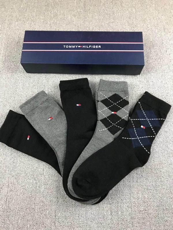 Tommy Hilfiger Mens 5 Pack Tin Giftbox Cotton Logo Socks Dark Navy Black Ash Grey - Obeezi.com