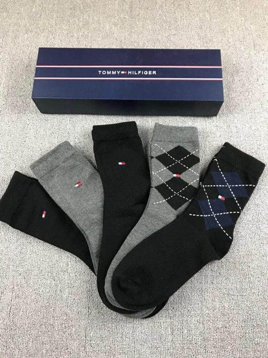 Tommy Hilfiger Mens 5 Pack Tin Giftbox Cotton Logo Socks Dark Navy Black Ash Grey - Obeezi.com