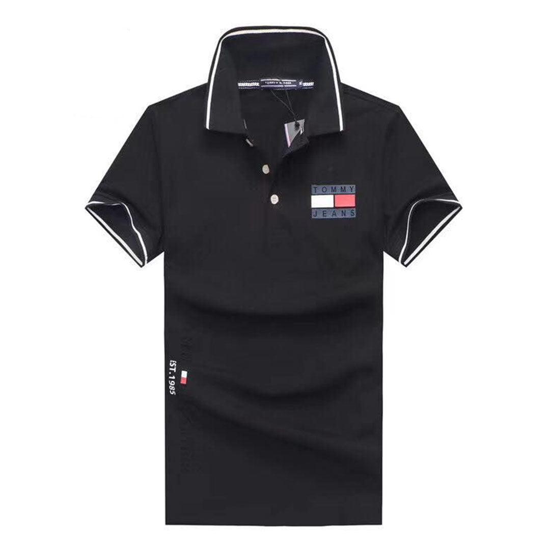 Tommy Hilfiger Printed Design Plain Black Polo Shirt - Obeezi