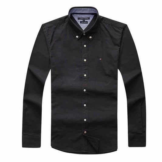 Tommy Hilfiger Pure Cotton Plain Fitted Long Sleeve Shirt- Black - Obeezi