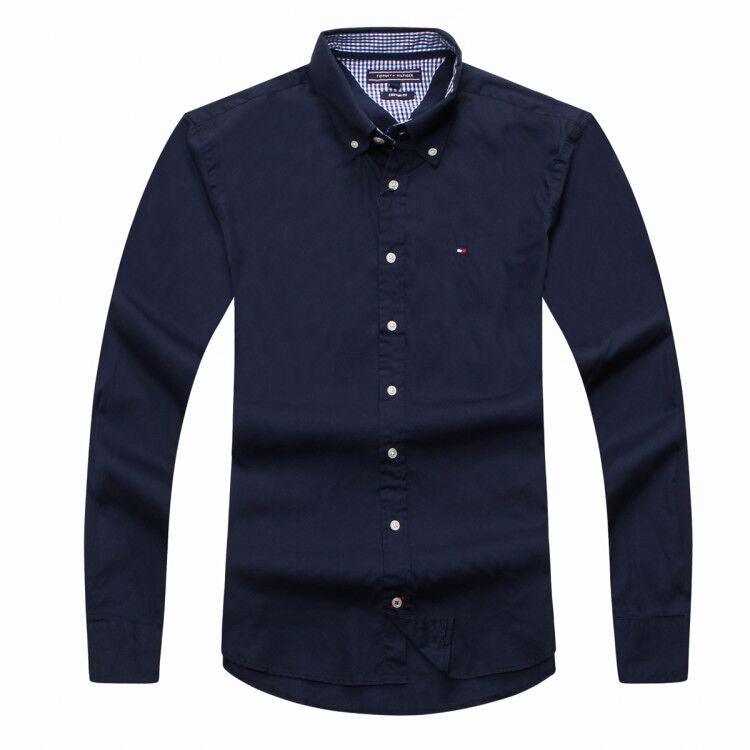 Tommy Hilfiger Pure Cotton Plain Fitted Long Sleeve Shirt- NavyBlue - Obeezi