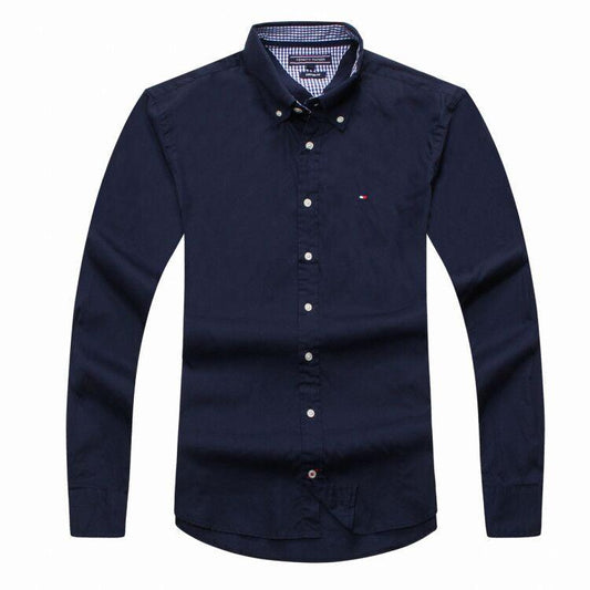 Tommy Hilfiger Pure Cotton Plain Fitted Long Sleeve Shirt- NavyBlue - Obeezi