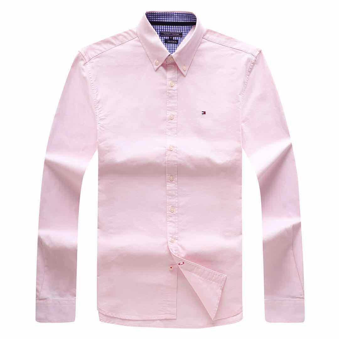 Tommy Hilfiger Pure Cotton Plain Fitted Long Sleeve Shirt- Pink - Obeezi