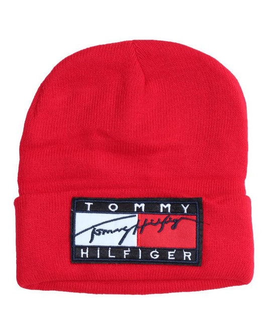 Tommy Hilfiger Unisex Script Logo Signature Embroidery Skully head warmer cap- RED - Obeezi.com