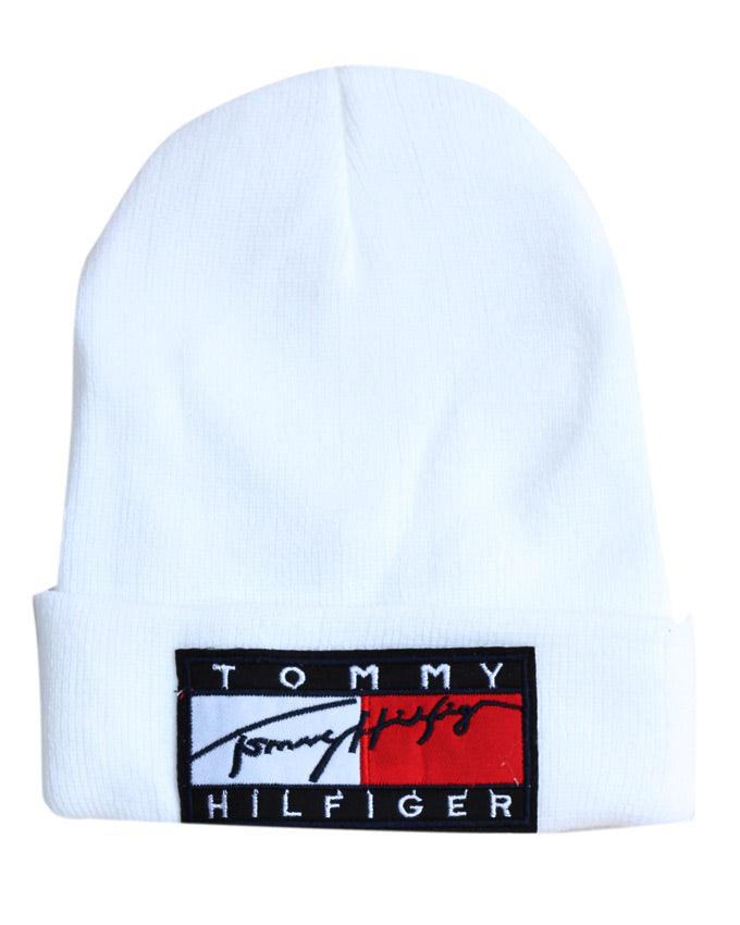 Tommy Hilfiger Unisex Script Logo Signature Embroidery Skully head warmer cap- White - Obeezi.com