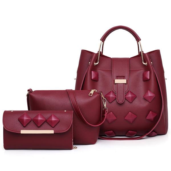 Top Quality Women Fashion Design Leather Handbag 3 in1 Set- Wine Red - Obeezi.com