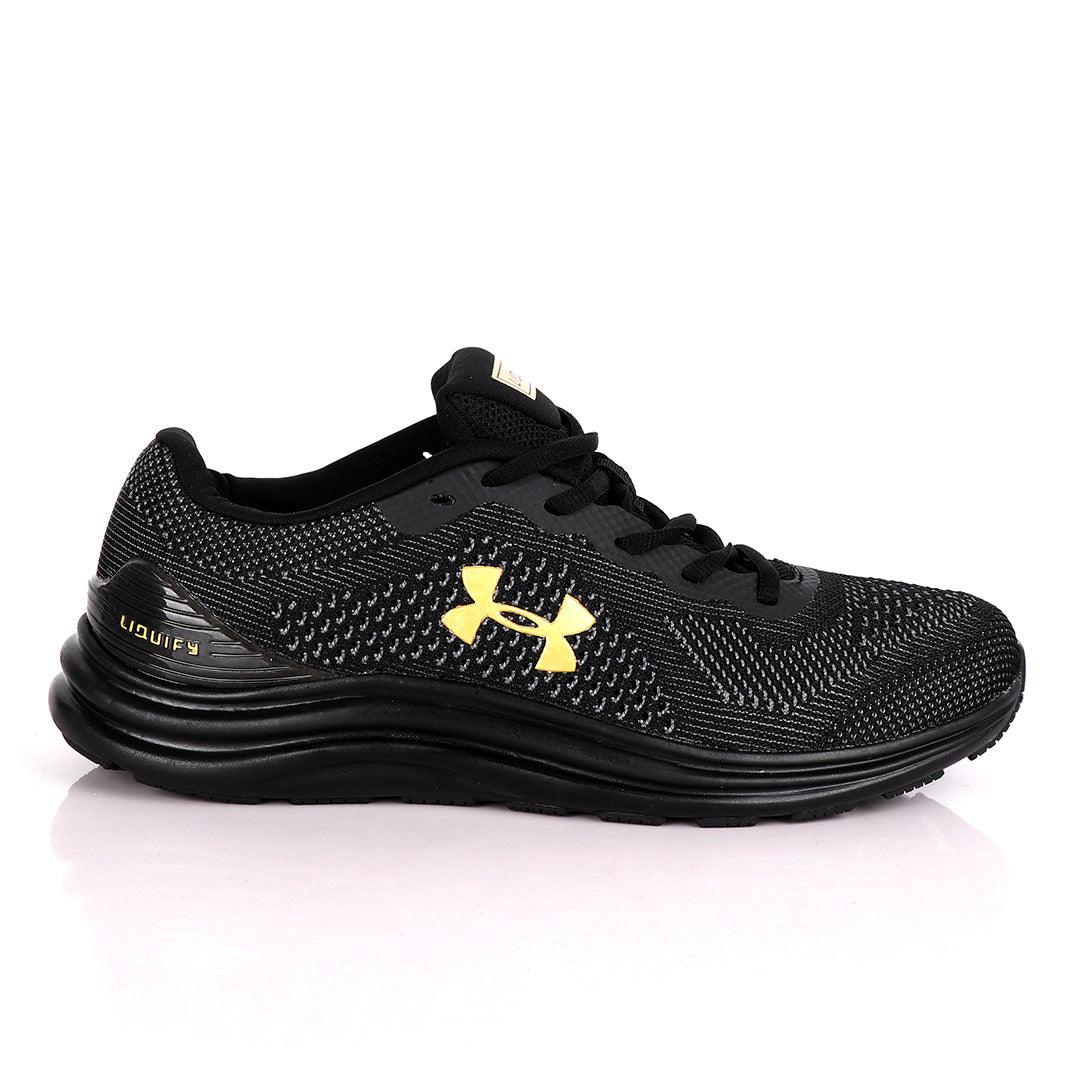 UA Charged Spark Black With Gold Logo Design Sneakers - Obeezi