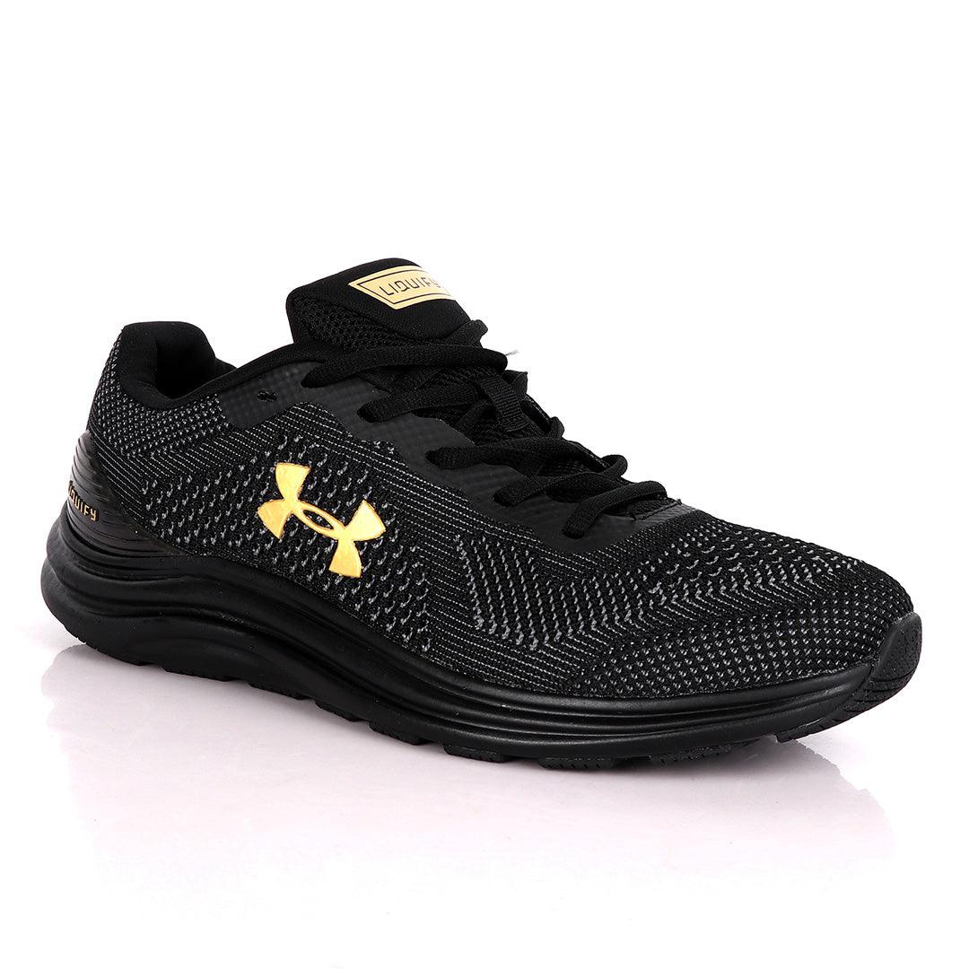 UA Charged Spark Black With Gold Logo Design Sneakers - Obeezi