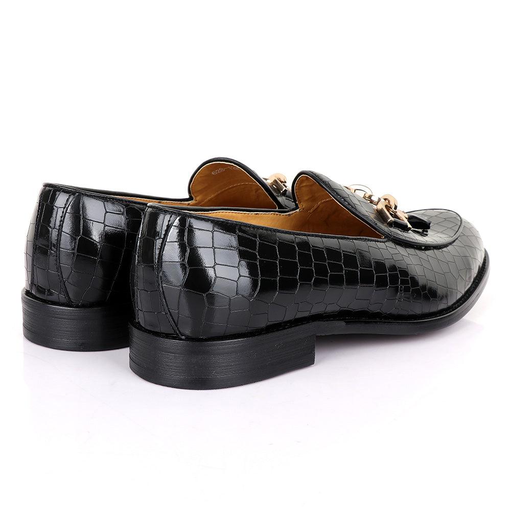 Valentino Classic Croc Chain Tassel Black Leather Shoe - Obeezi
