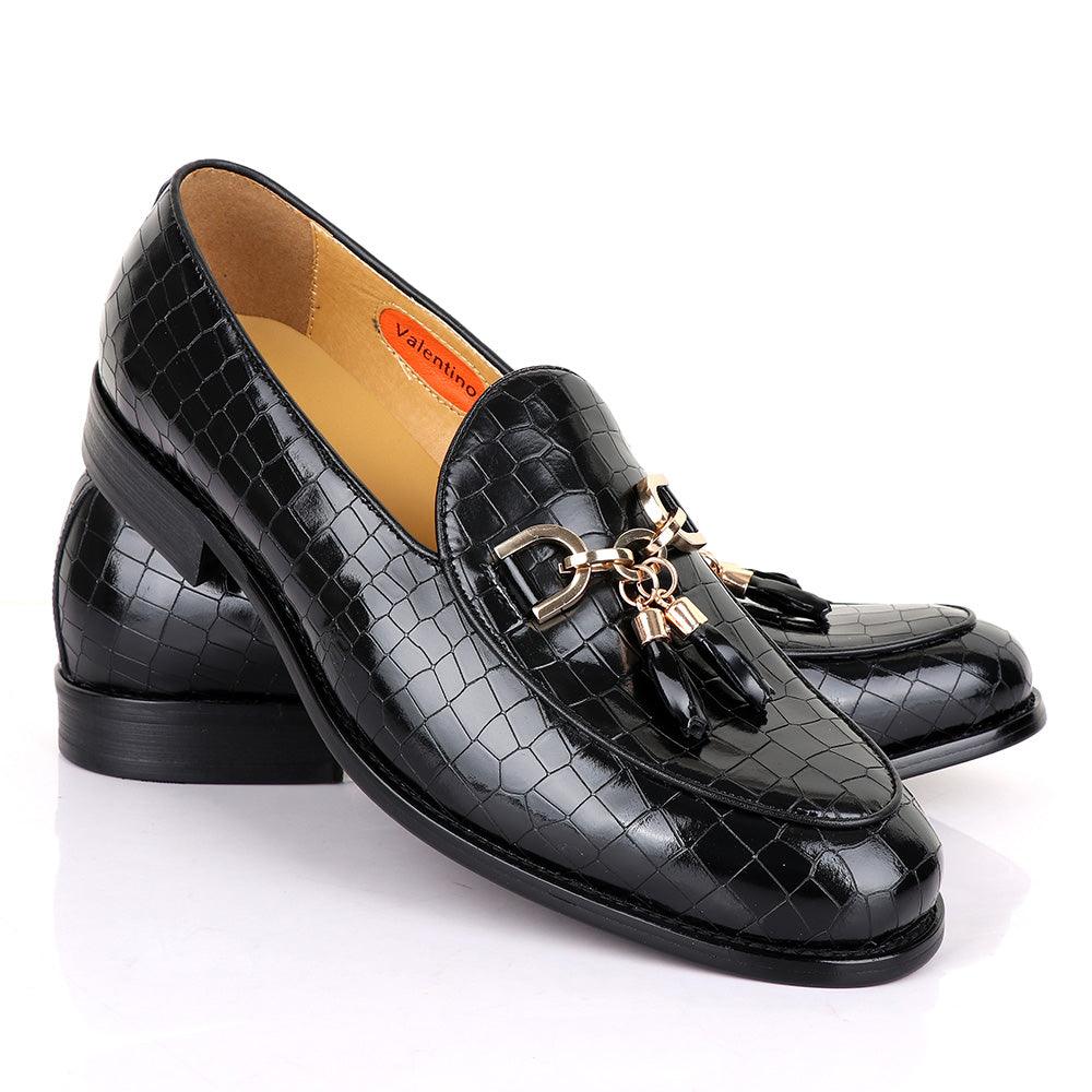 Valentino Classic Croc Chain Tassel Black Leather Shoe - Obeezi
