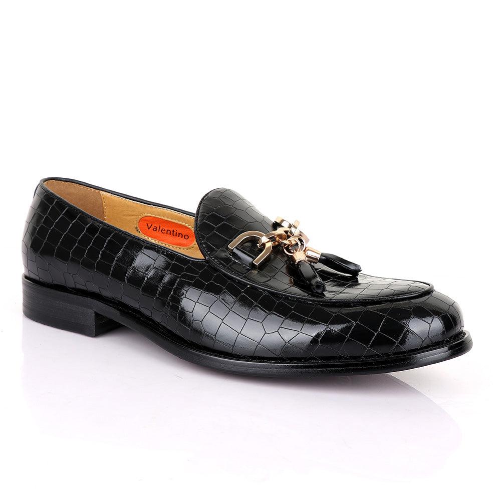 Valentino Classic Croc Chain Tassel Black Leather Shoe - Obeezi