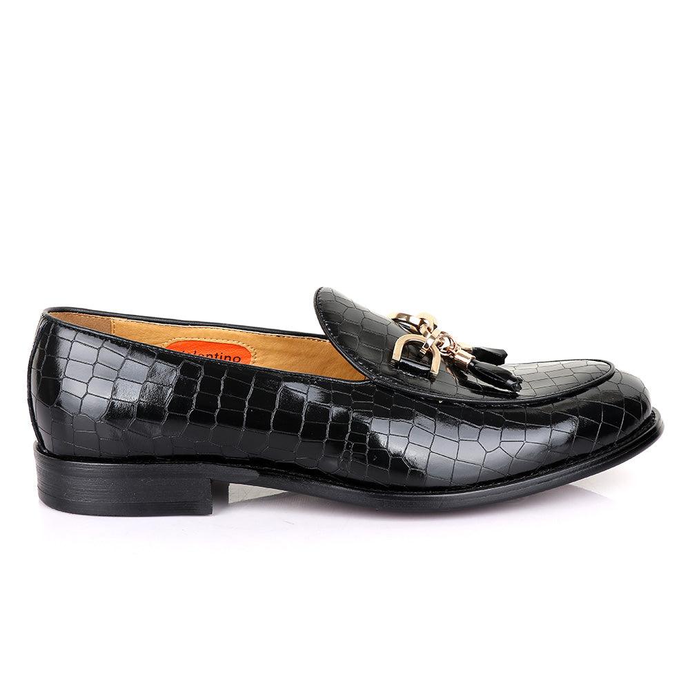 Valentino Classic Croc Chain Tassel Black Leather Shoe - Obeezi