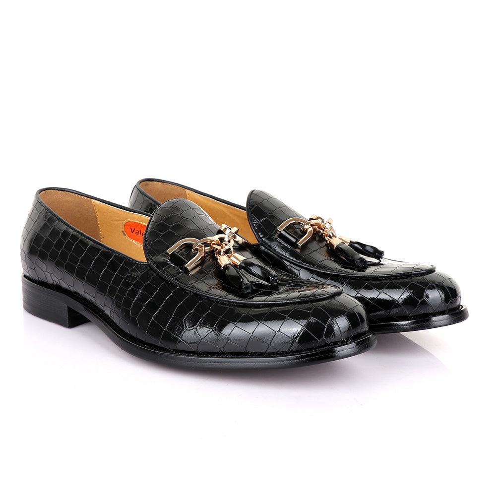 Valentino Classic Croc Chain Tassel Black Leather Shoe - Obeezi