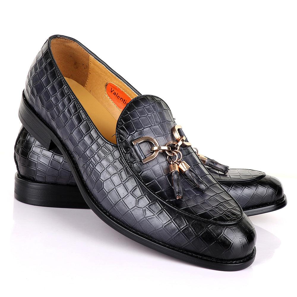 Valentino Classic Croc Chain Tassel Grey Leather shoe - Obeezi