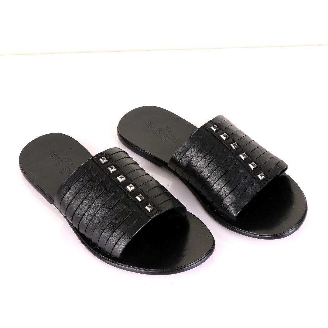 Valentino Garavani Black Stud Leather Slippers - Obeezi