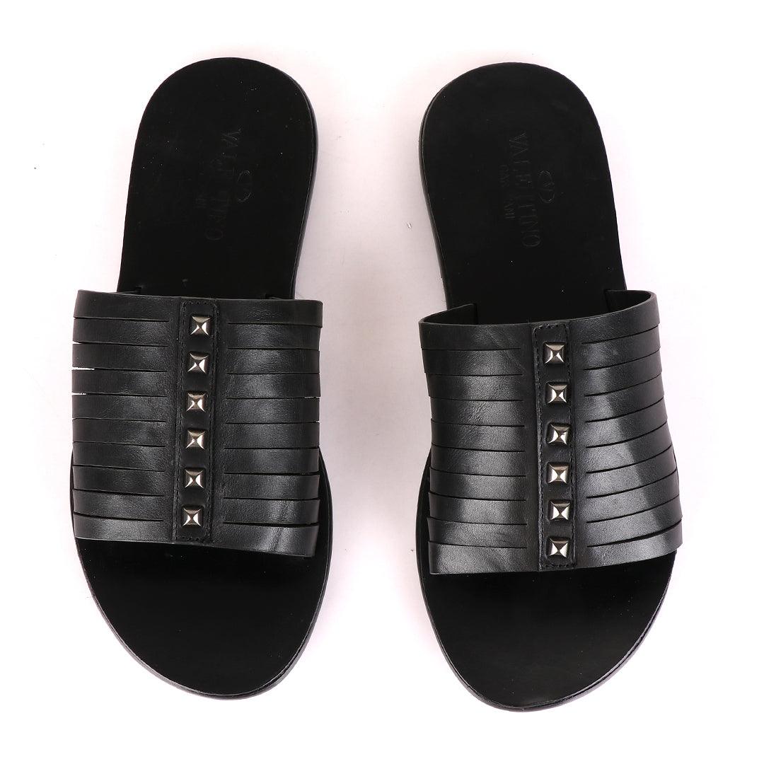 Valentino Garavani Black Stud Leather Slippers - Obeezi