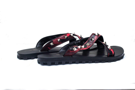 Valentino Garavani Black Wine Camo Designed Leather Slippers - Obeezi
