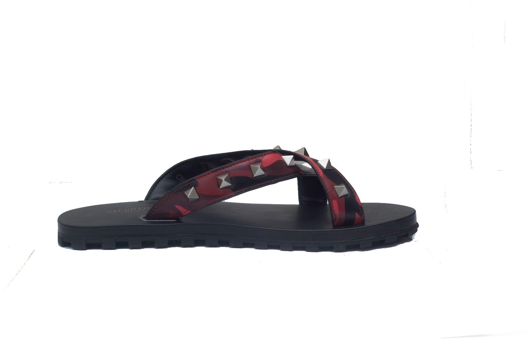 Valentino Garavani Black Wine Camo Designed Leather Slippers - Obeezi