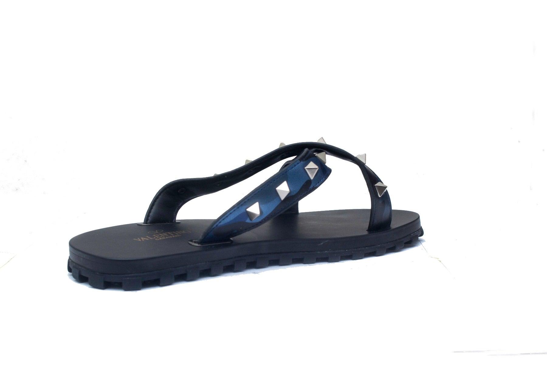 Valentino Garavani Blue Black Camo Designed Leather Slippers - Obeezi