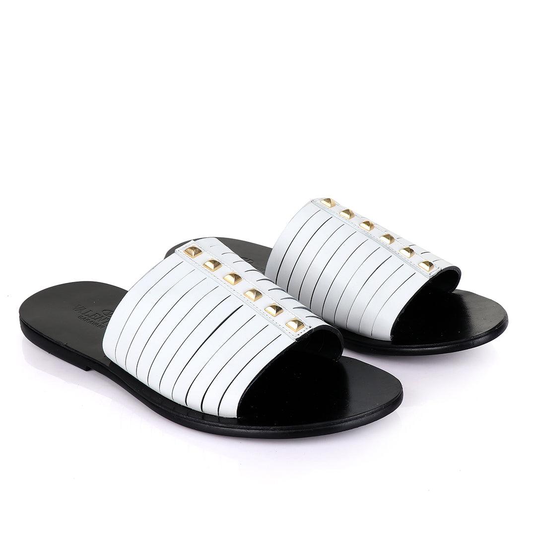 Valentino Garavani White Stud Leather Slippers - Obeezi