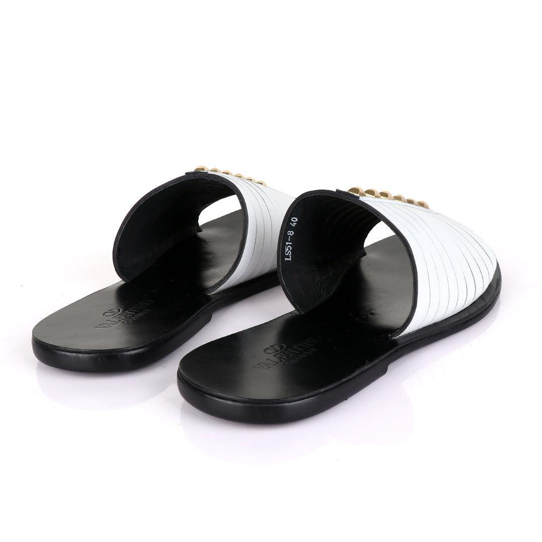 Valentino Garavani White Stud Leather Slippers - Obeezi