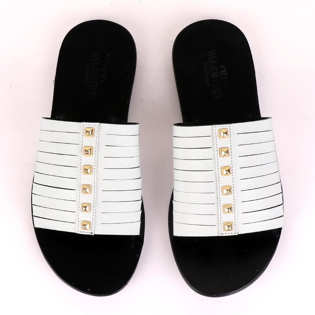 Valentino Garavani White Stud Leather Slippers - Obeezi