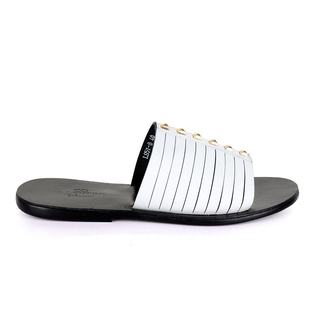 Valentino Garavani White Stud Leather Slippers - Obeezi