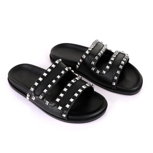 Valentino Rockstud Black Slippers - Obeezi
