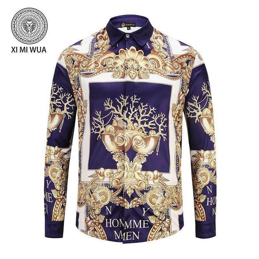 VE Vintage Baroque NY Homme Men's long sleeve shirt- blue & gold - Obeezi