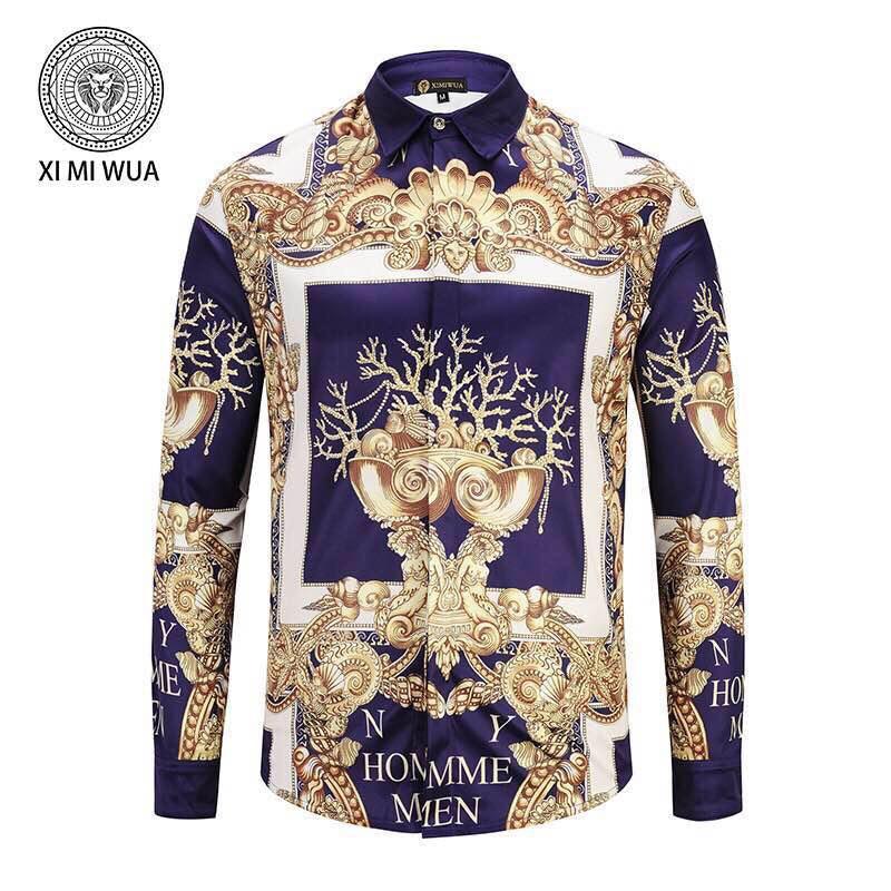 VE Vintage Baroque NY Homme Men's long sleeve shirt- blue & gold - Obeezi