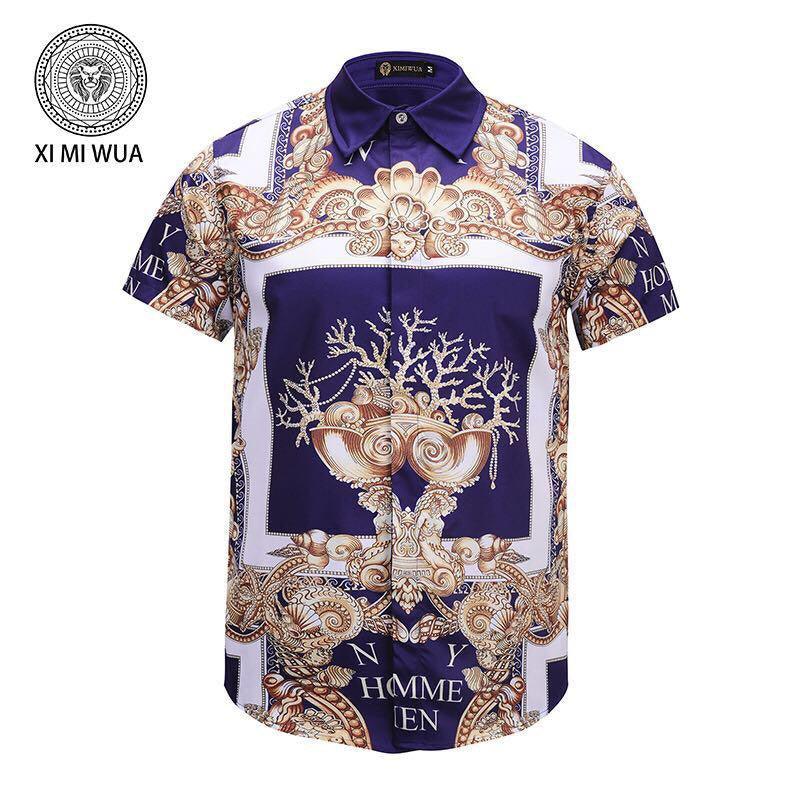 VE Vintage Baroque NY Homme Men's Short sleeve shirt- blue & gold - Obeezi