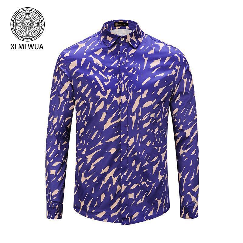 VE Vintage Button Down Printing Blue Men's Long Sleeved Shirt - Obeezi
