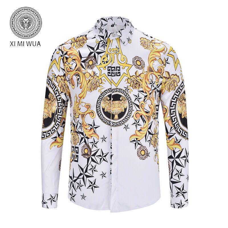 VE Vintage Classy Men's Long Shirt White star yellow gold prints Sleeved - Obeezi