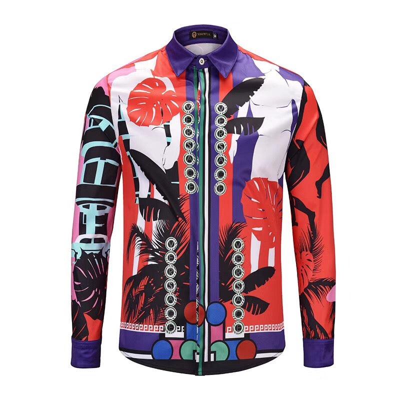 VE Vintage Classy Men's Long Shirt with leafy red and purple prints Sleeved - Obeezi