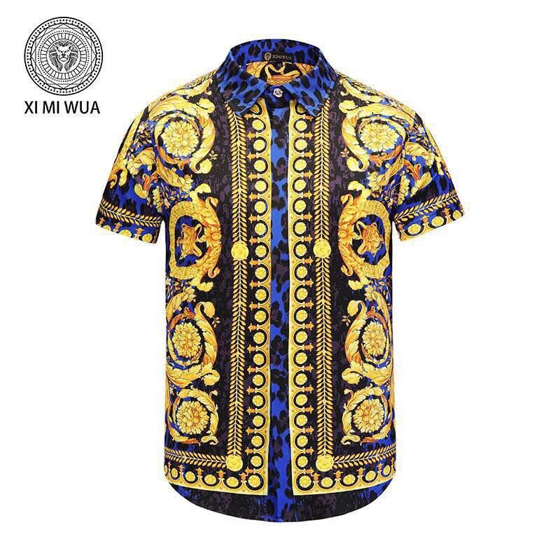 VE Vintage Fit Blue Yellow & Tiger Skin Print Men's short sleeve Shirt - Obeezi