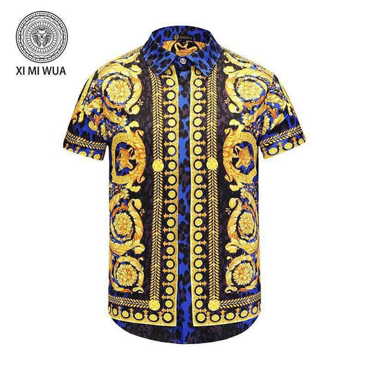 VE Vintage Fit Blue Yellow & Tiger Skin Print Men's short sleeve Shirt - Obeezi