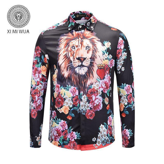 VE Vintage Lion Head Printing Flower Multicolor Men's Long Sleeved Shirt - Obeezi