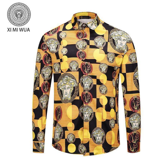 VE Vintage Medusa Pop Foulard Silk Yellow Black Shirt - Obeezi
