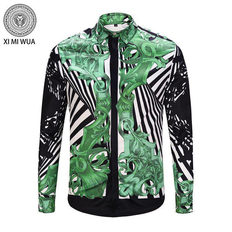 Ve Vintage Men's Baroque Print Silk Long Sleeve Green White Shirt - Obeezi