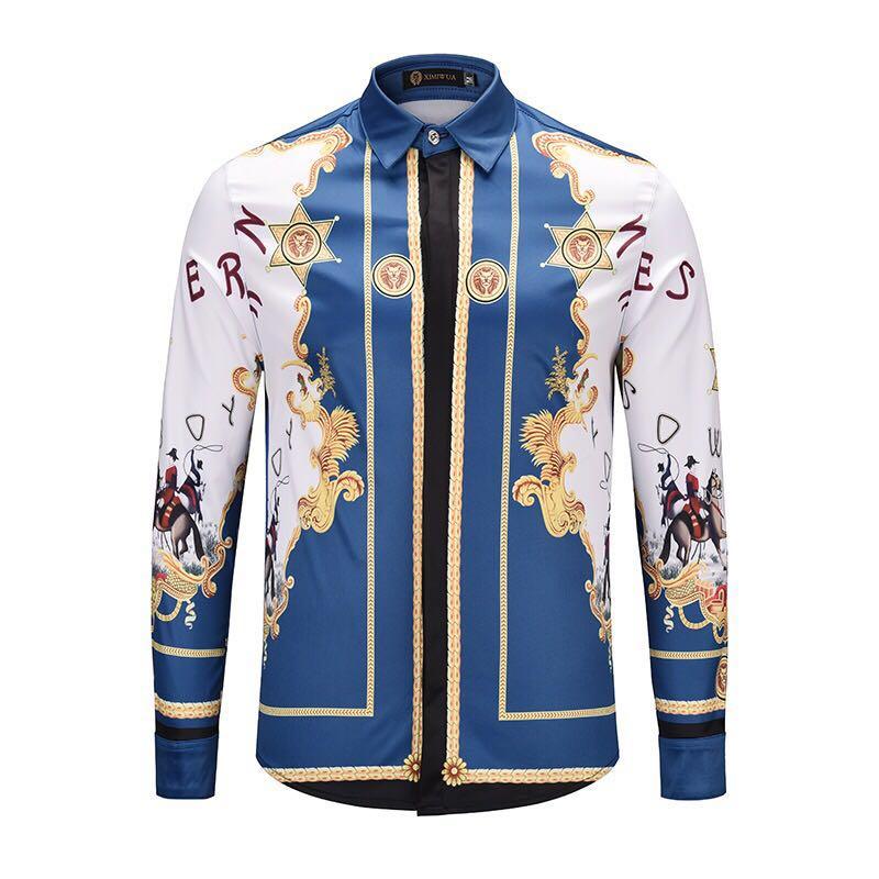 VE Vintage Men's Long sleeve blue chains and star design prints Shirt - Obeezi