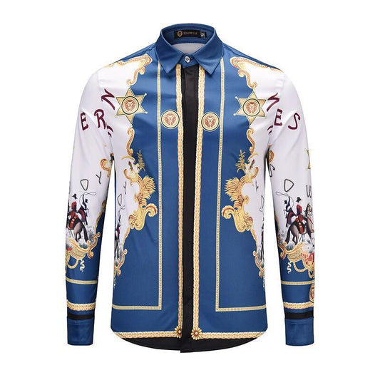 VE Vintage Men's Long sleeve blue chains and star design prints Shirt - Obeezi