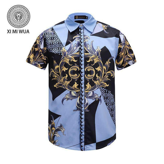 VE Vintage Men"s Royal Blue Black Camouflage Print Silk Shortsleeve Shirt - Obeezi
