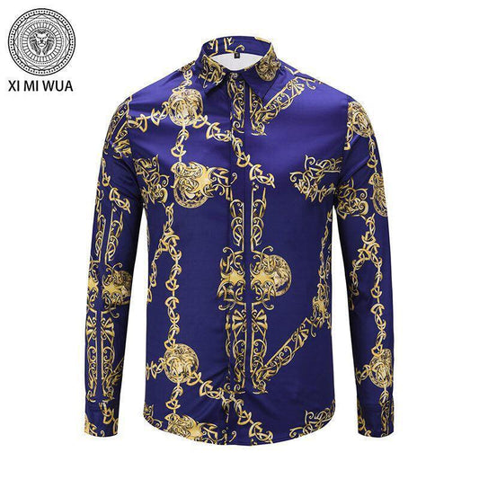 VE VINTAGE Men's Style Silk Print Blue Yellow Shirt - Obeezi