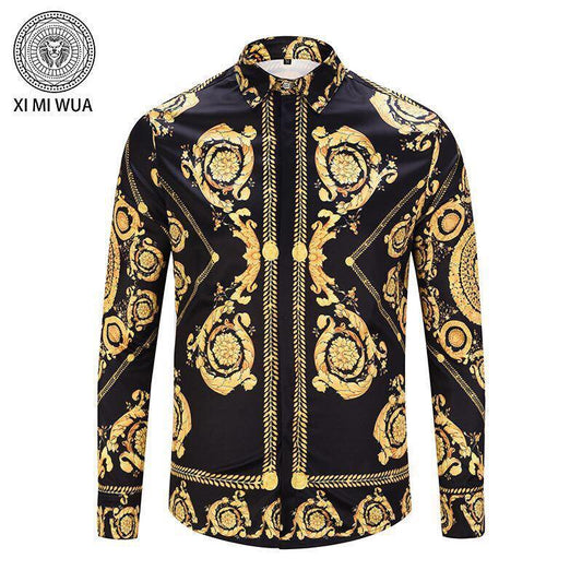 Ve Vintage Printed Long Sleeve Trim Fit Black Yellow Shirt - Obeezi