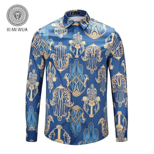 VE Vintage Printing Blue Gold Men's Long Sleeved Shirt - Obeezi