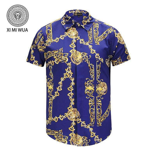 VE VINTAGE Silk Print Blue Yellow Men's short sleeve Shirt - Obeezi